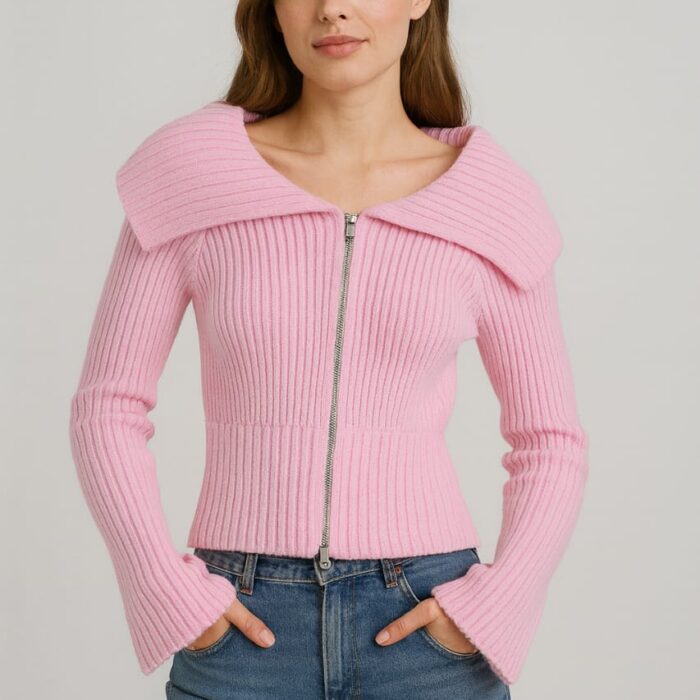 Women’s Ribbed Zip Cardigan Top – Turkish Knit, One Size Cliché Boutique