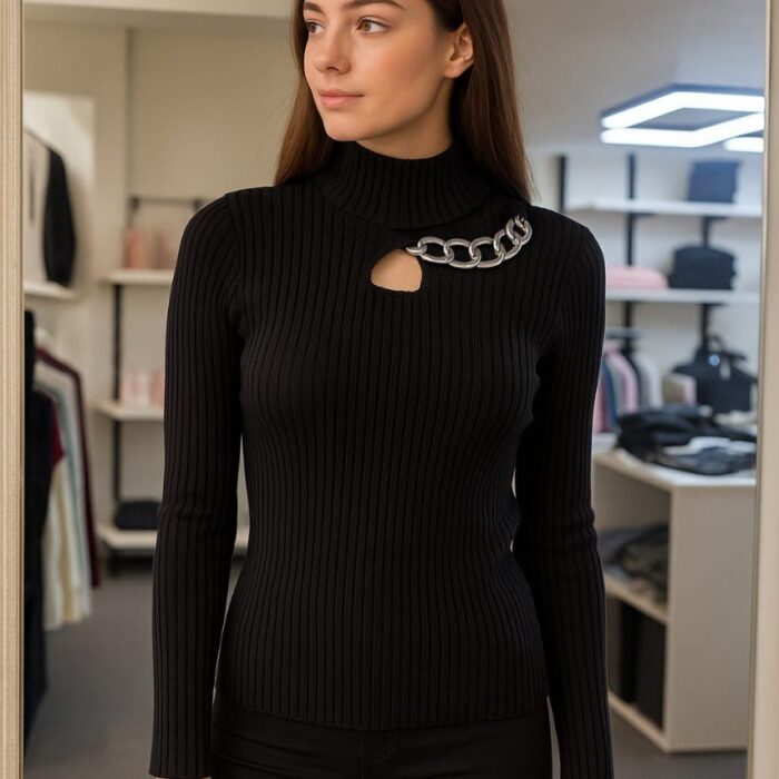 Women’s Stylish Ribbed Knit Top with Metal Chain – Turkish Premium