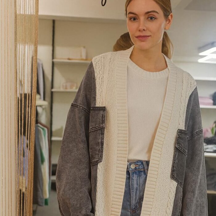 Women’s Stylish Combination Jacket – Heavy Knit & Denim – Turkish Branded