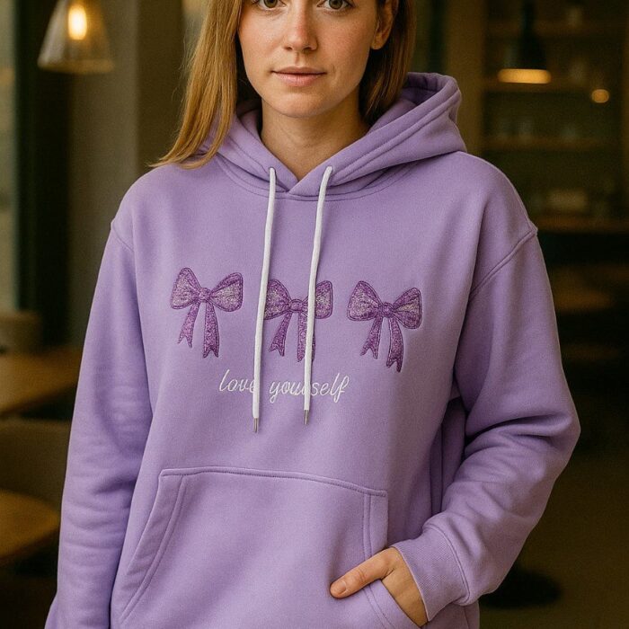 Stylish Fleece Hoodie – Bow Embroidery “Love Yourself”