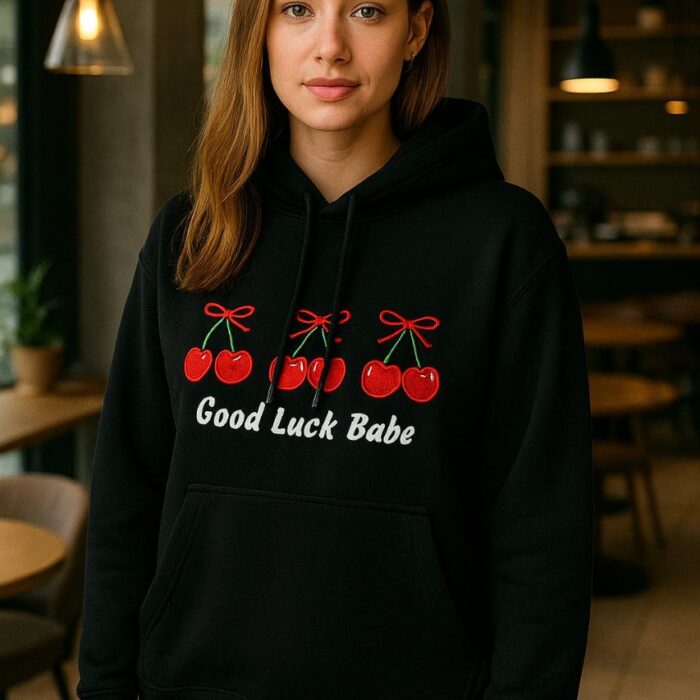 Stylish Fleece Hoodie – “Good Luck Babe” Cherry Design