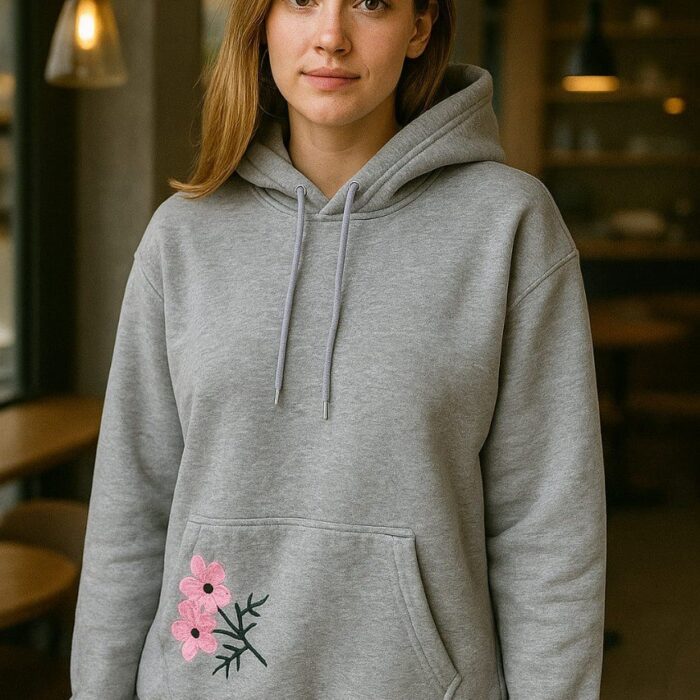 Stylish Grey Fleece Hoodie – Floral Embroidered Design