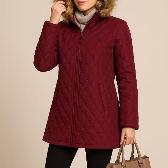 Stylish Burgundy Velvet-Look Winter Jacket – Turkish Brand (Big Sale)