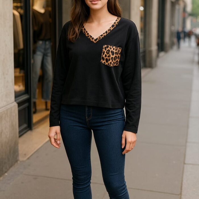 Classy Black V-Neck Top with Leopard Details – Made in Italy