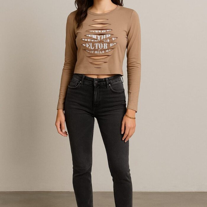 Stylish Ribbed Cotton Lycra Crop Top – Cutout Design