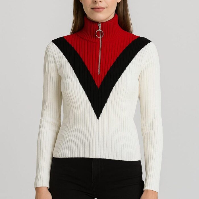 Premium Turkish Soft Knit Top – Colorblock High-Neck Design