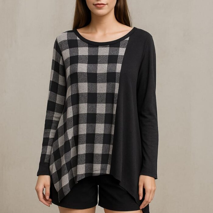 Premium Big Size Cotton Top – Asymmetrical Checkered Design