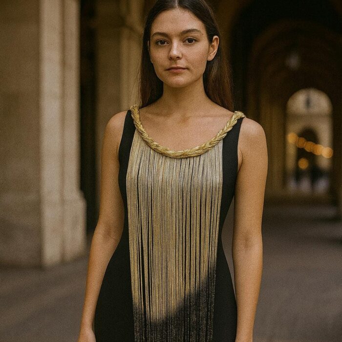 Premium Elegant Evening Dress – Gold Fringe Statement Design