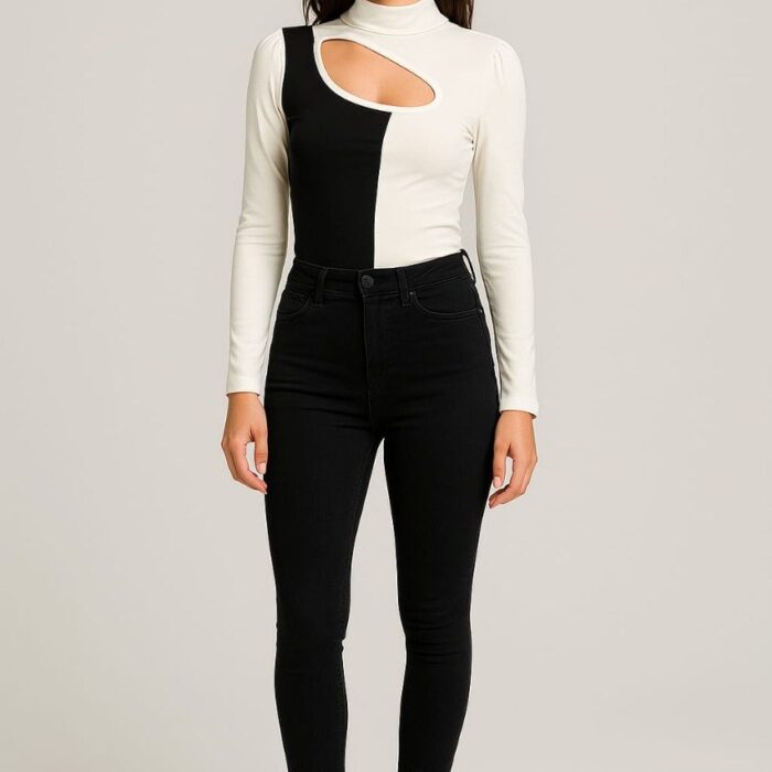 Black & White Premium Cotton Lycra Cut-Out Top