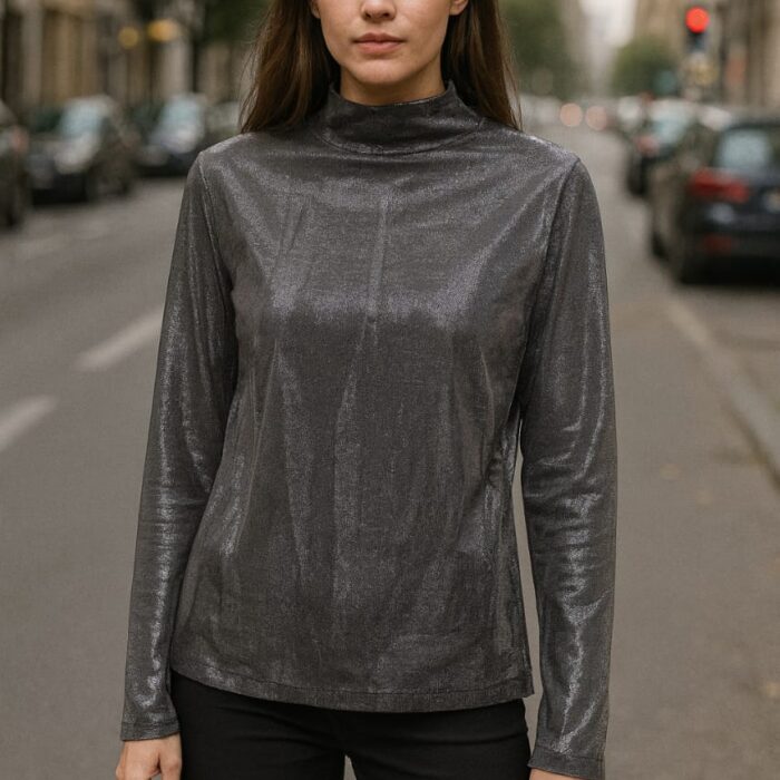 Women’s Metallic High-Neck Long Sleeve Top – Premium Quality