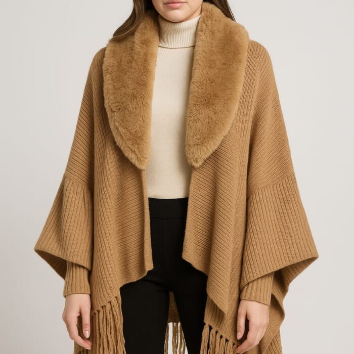 Women’s Premium Knitted Souf Shawl Jacket with Faux Fur Collar – Turkish Quality
