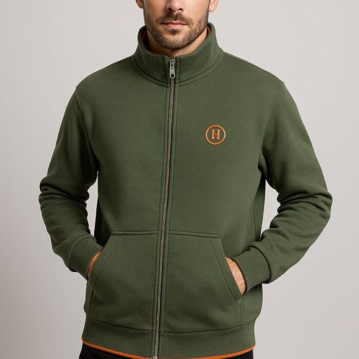 Men’s Premium Cotton Fleece Zip-Up Jacket – Olive Green