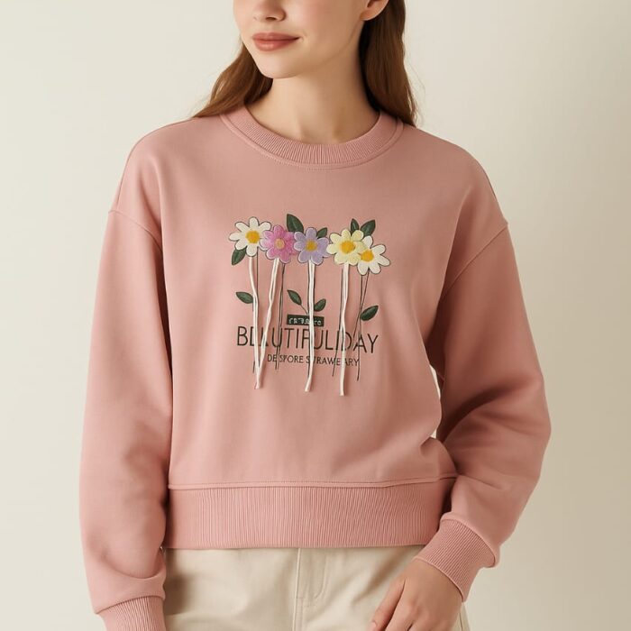 Women’s Pink Floral Embroidered Sweatshirt – Premium Cotton with Velvet Lining