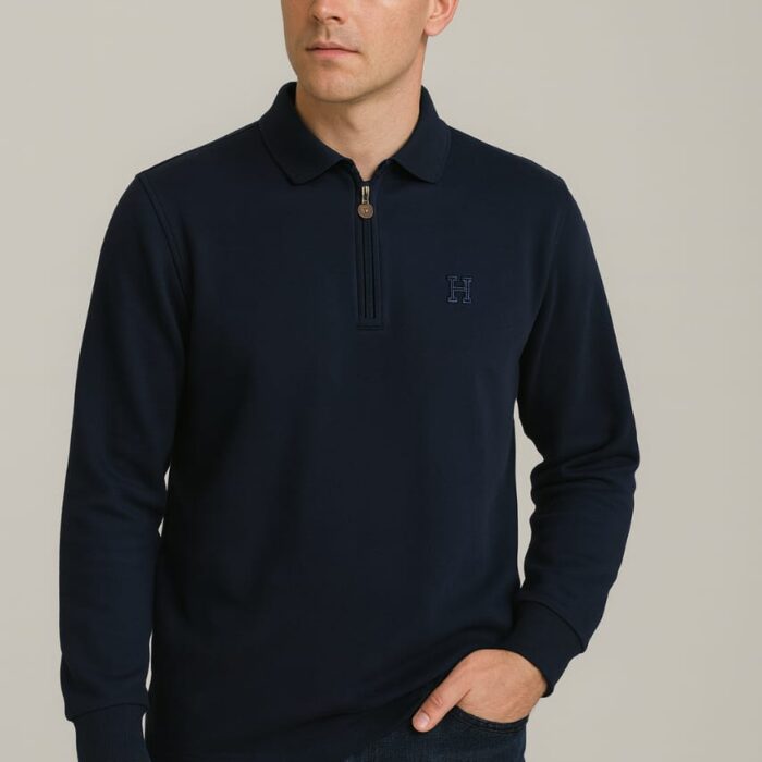 Men’s Heavy Turkish Half-Zip Polo – Premium Winter Fabric (Dark Blue / Black)