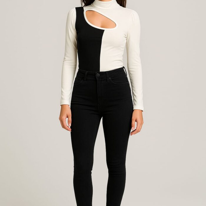 Women’s Premium Cotton Lycra Top – Black & White Cutout Design