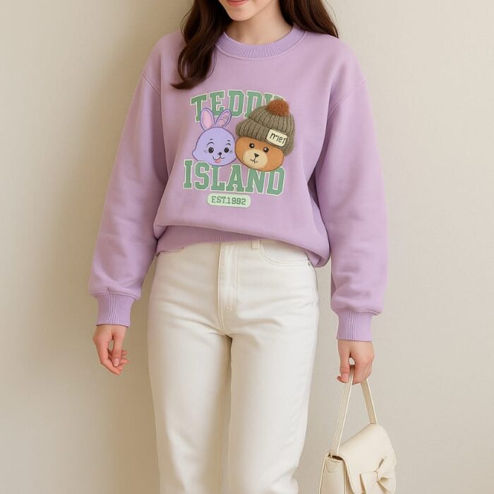 Women’s Premium Italian Cotton Sweatshirt with Velvet Fleece Inside – Teddy Island Design