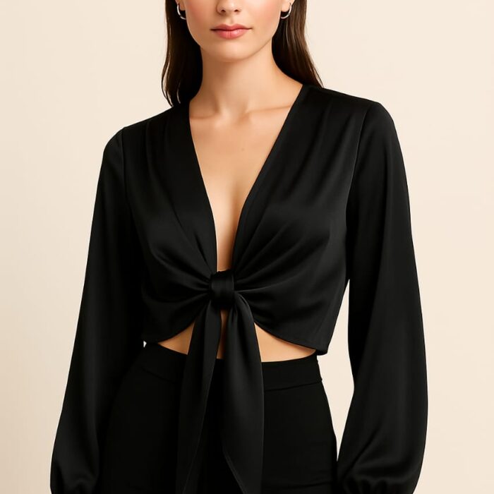 Satin Front-Tie Long Sleeve Crop Top – Premium Italy Collection