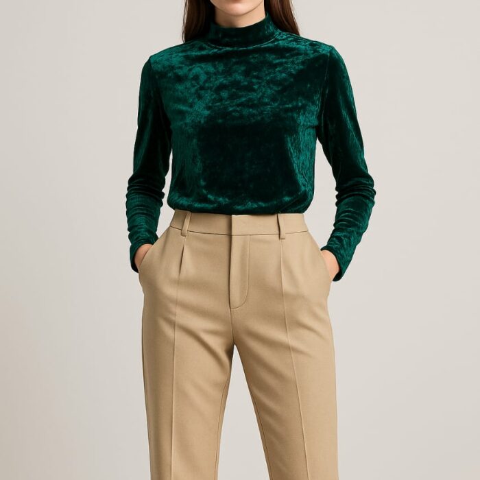 Women’s Velvet High-Neck Long Sleeve Top – Classy Basic Collection