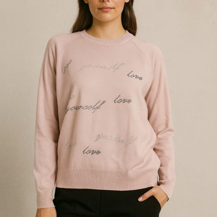 Women’s Premium Turkish Knit Top with Strass Word Design – One Size