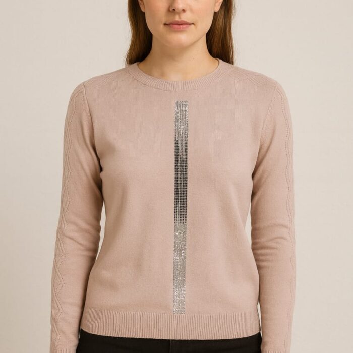 Women’s Premium Turkish Soft Knit Top with Vertical Strass Line – One Size