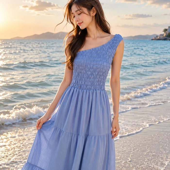 Sky Blue One-Shoulder Smocked Maxi Dress for Women